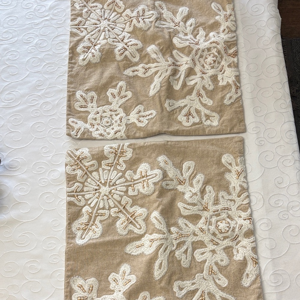 Pottery Barn Tan and White Fabric pillowcases with embroidery. Two pillowcases